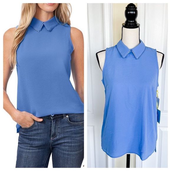 Cece Size Small Sky Baby Blue Fancy Laced Collar Sleeveless Top Silver Button - Picture 1 of 16